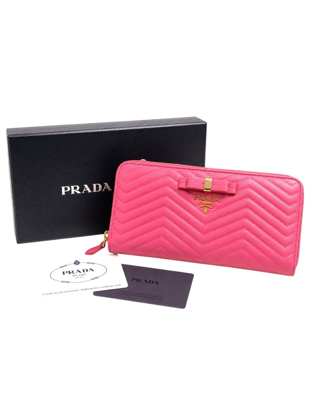 Prada Saffiano Chevron Ribbon Peonia Pink Zip Around Wallet w/ Authentication